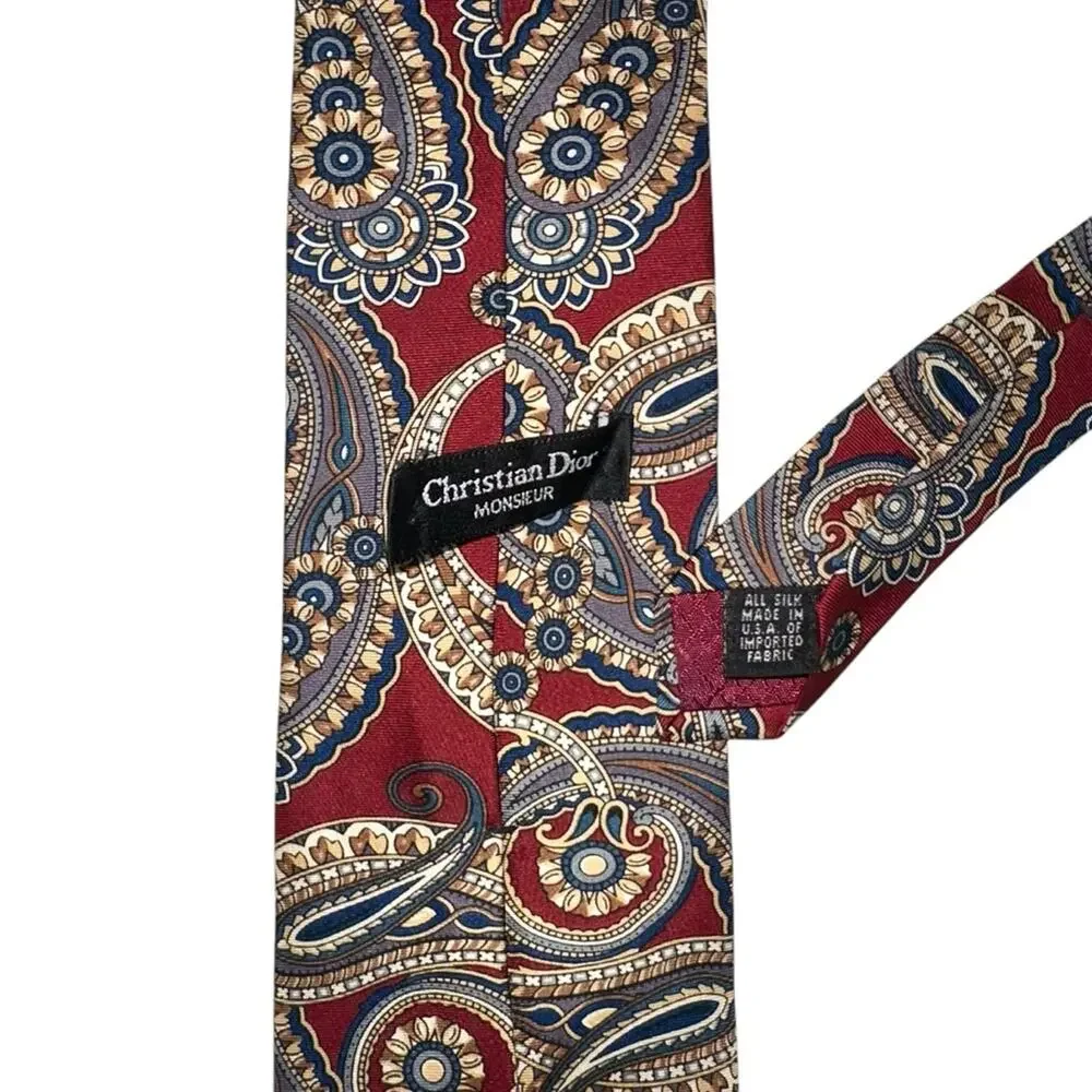 Christian Dior Monsieur Paisley Print Navy Red Silk Vintage Tie